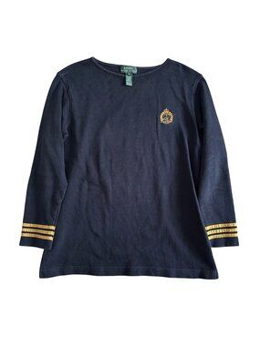 Lauren Ralph Lauren Y2K Women's Sz S Navy Top Gold Embroidered Crest 3/4 Sleeves